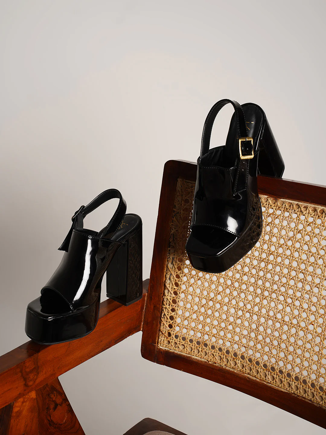 Platform Block Heel Slingback Sandals with Glossy Finish