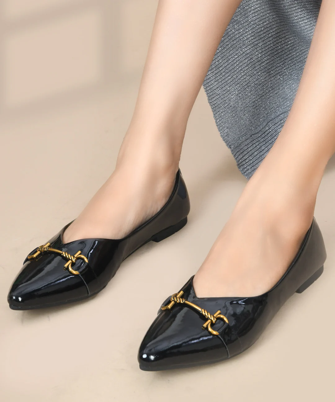 Pointed-Toe Loafers with Glossy Finish & Metal Chain Detail - Image 2