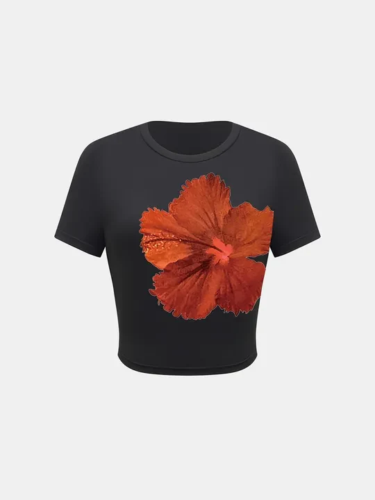 Round Neck Short Sleeve Flower Print T-Shirt - Image 11