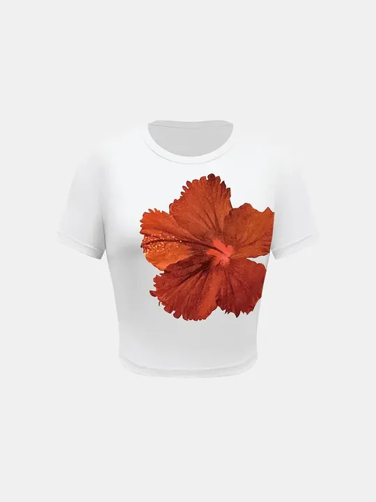 Round Neck Short Sleeve Flower Print T-Shirt - Image 12
