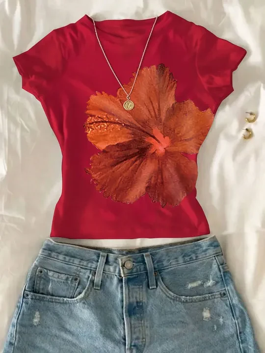 Round Neck Short Sleeve Flower Print T-Shirt - Image 5