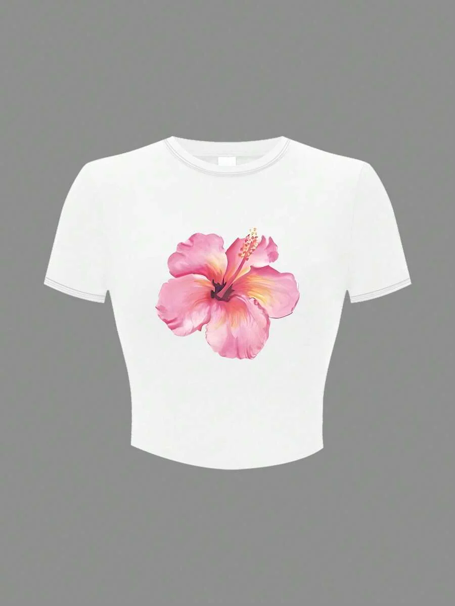Round Neck Short Sleeve Flower Print T-Shirt - Image 9
