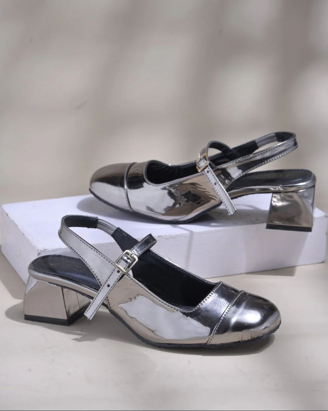 Slingback Glossy Block Heels With Buckle - Image 31